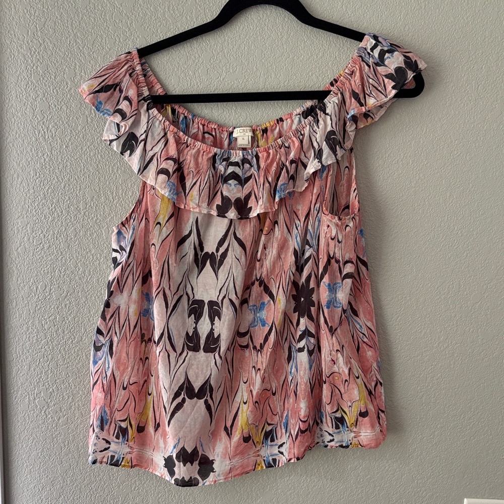 J. Crew Pink and Black Ruffled Blouse